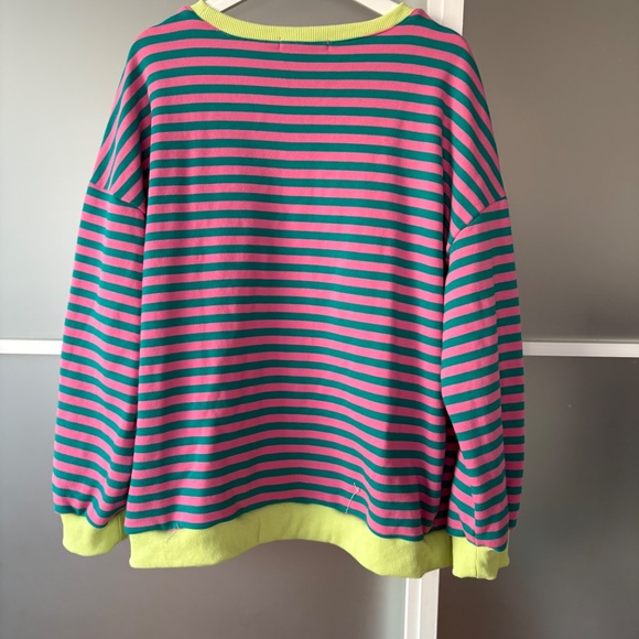 Pink and green striped sweatshirt with contrasting cuffs. Sz. XL - Picture 5 of 5